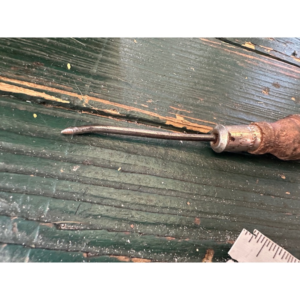 Vintage Curved Metal Pick Hand Tool with Textured Wooden Handle A3509